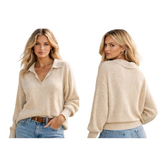 SANCIA Teofila V-Neck Collared Pullover Lightweight Sweater in Sandstone Cream M